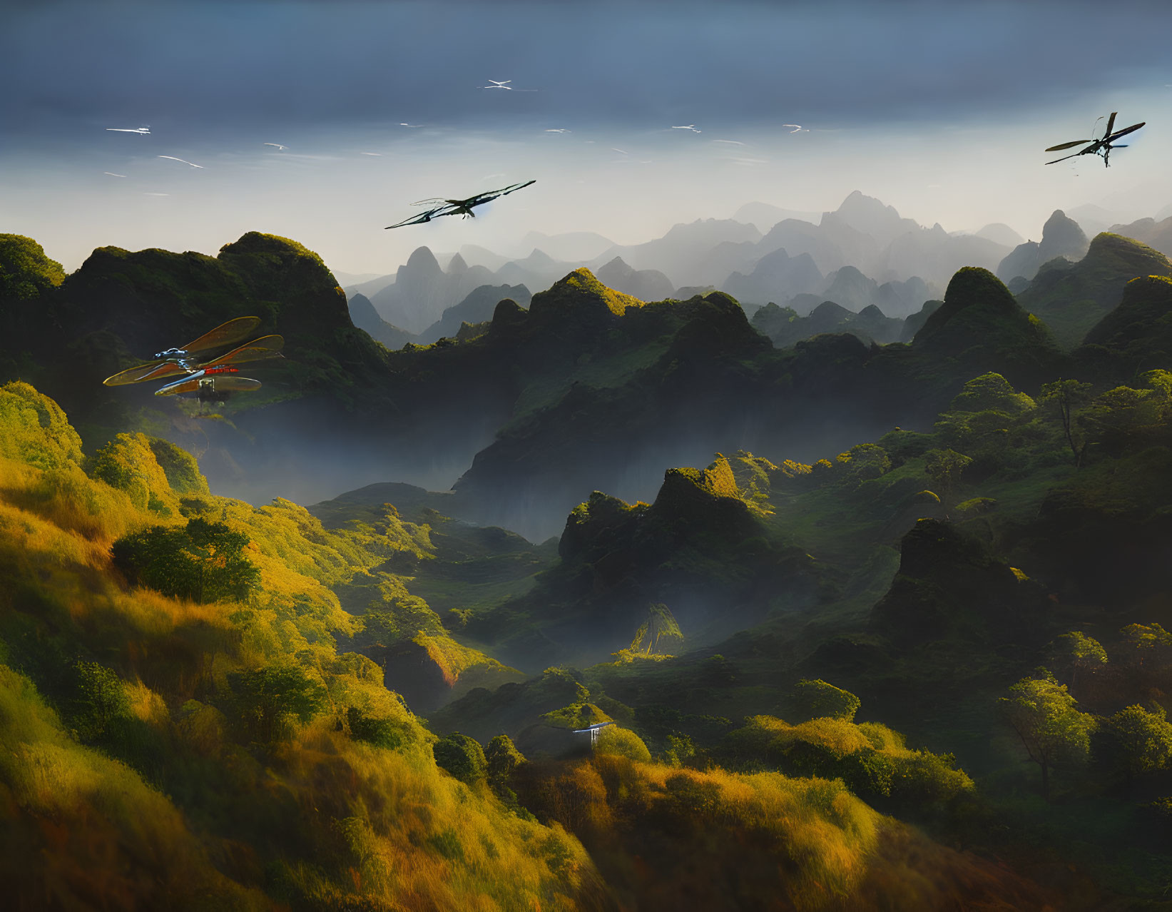 Vintage planes flying over misty mountainous landscape at sunset