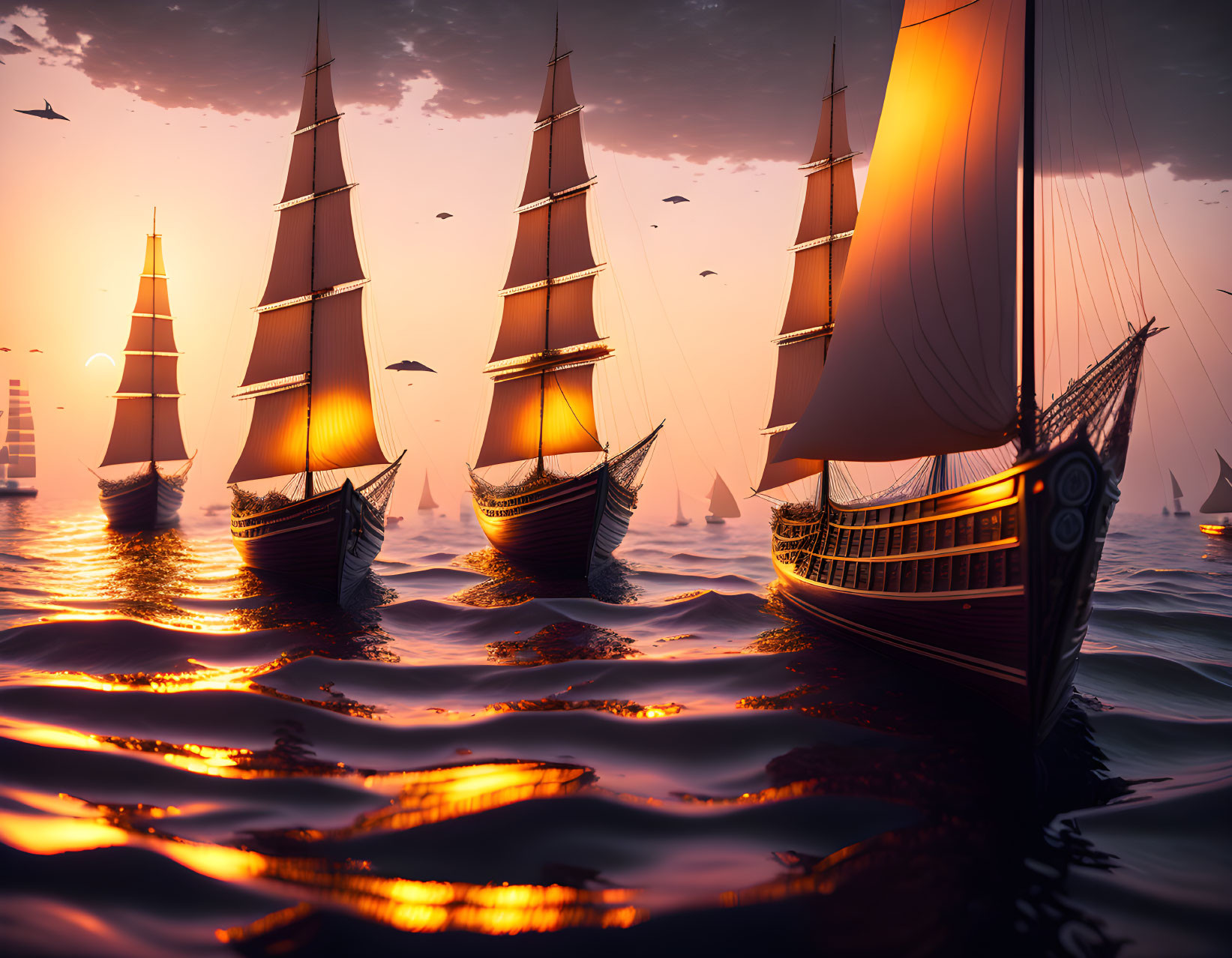 Multiple sailing ships on luminous orange sea with birds flying overhead