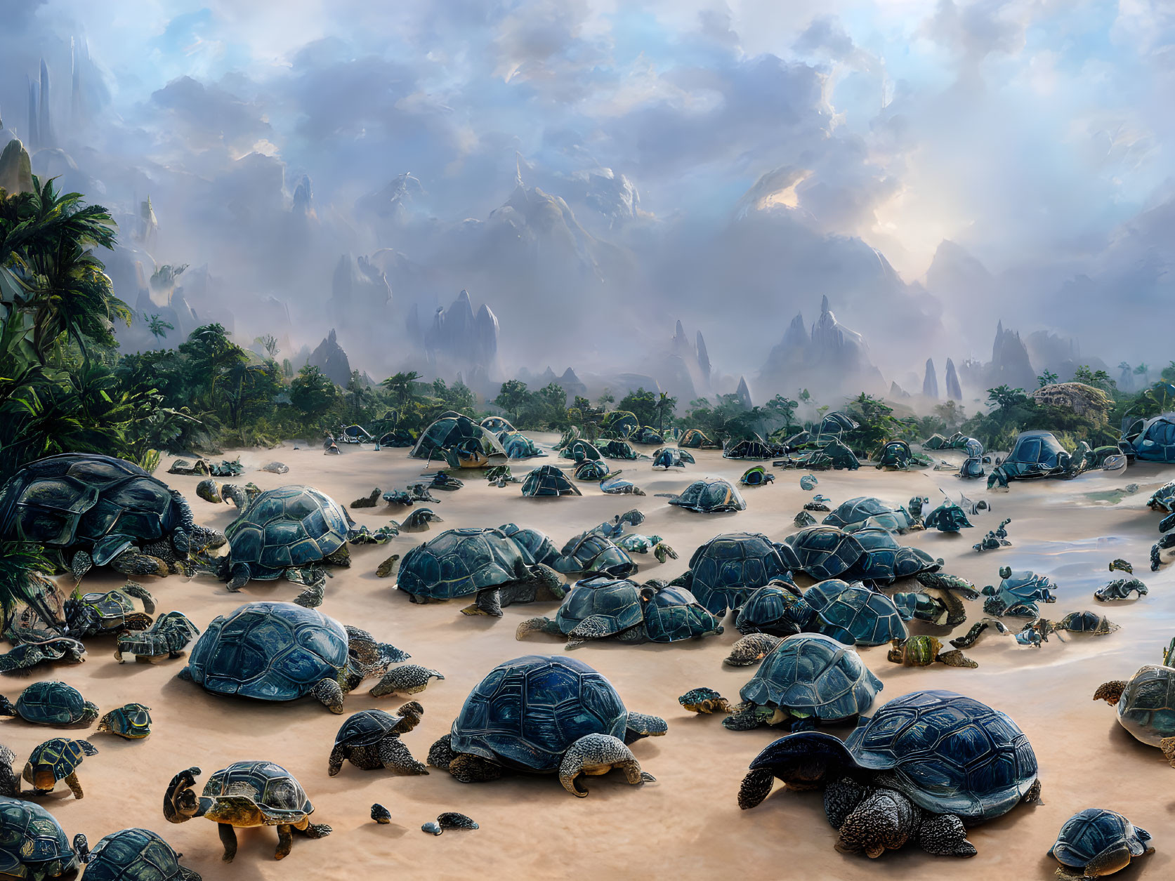 Numerous turtles in sandy desert with mountains and cloudy sky