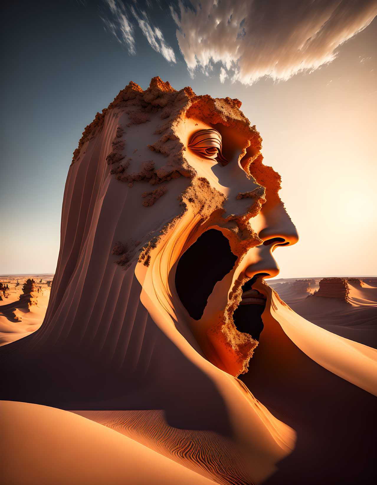 Surreal desert landscape with abstract human profile on clear sky