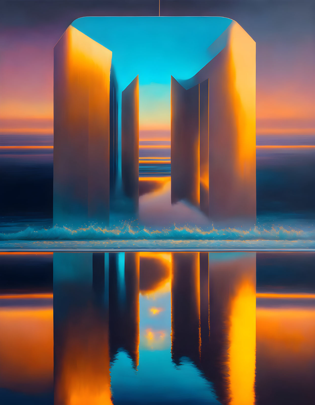 Symmetrical Monolithic Structure Reflecting Vibrant Sunset Colors