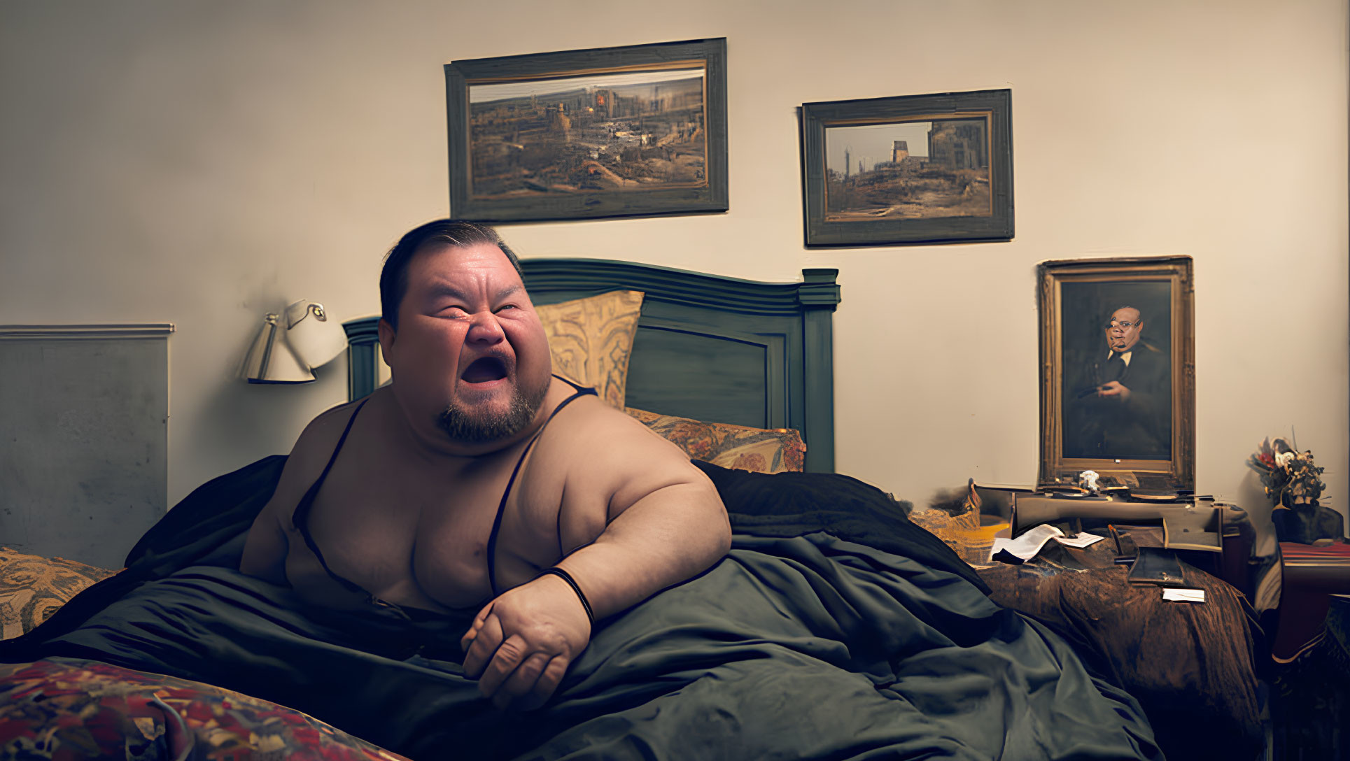 Man distressed in bed with vintage decor