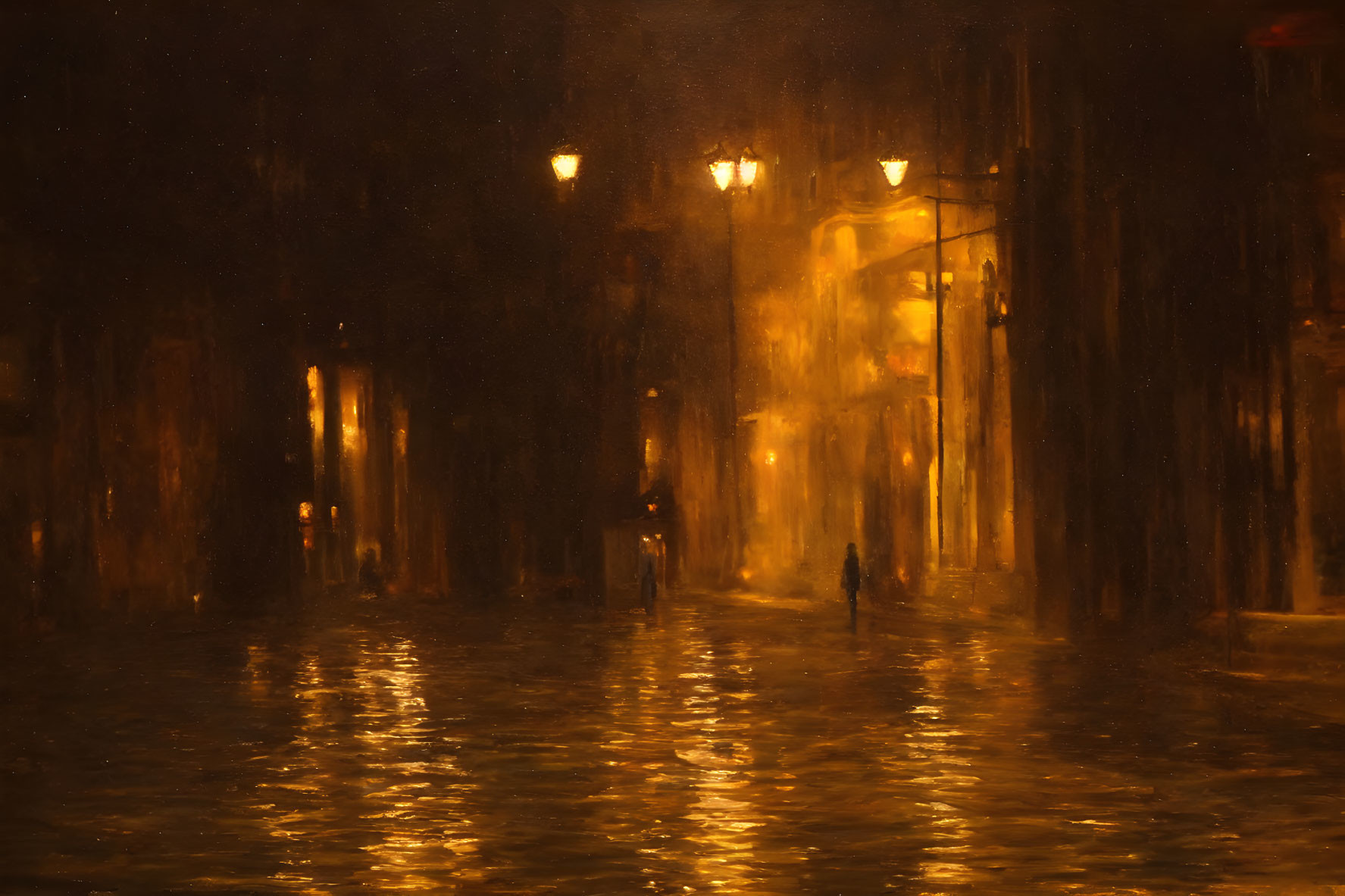 Night Street Scene with Golden Hues and Silhouettes