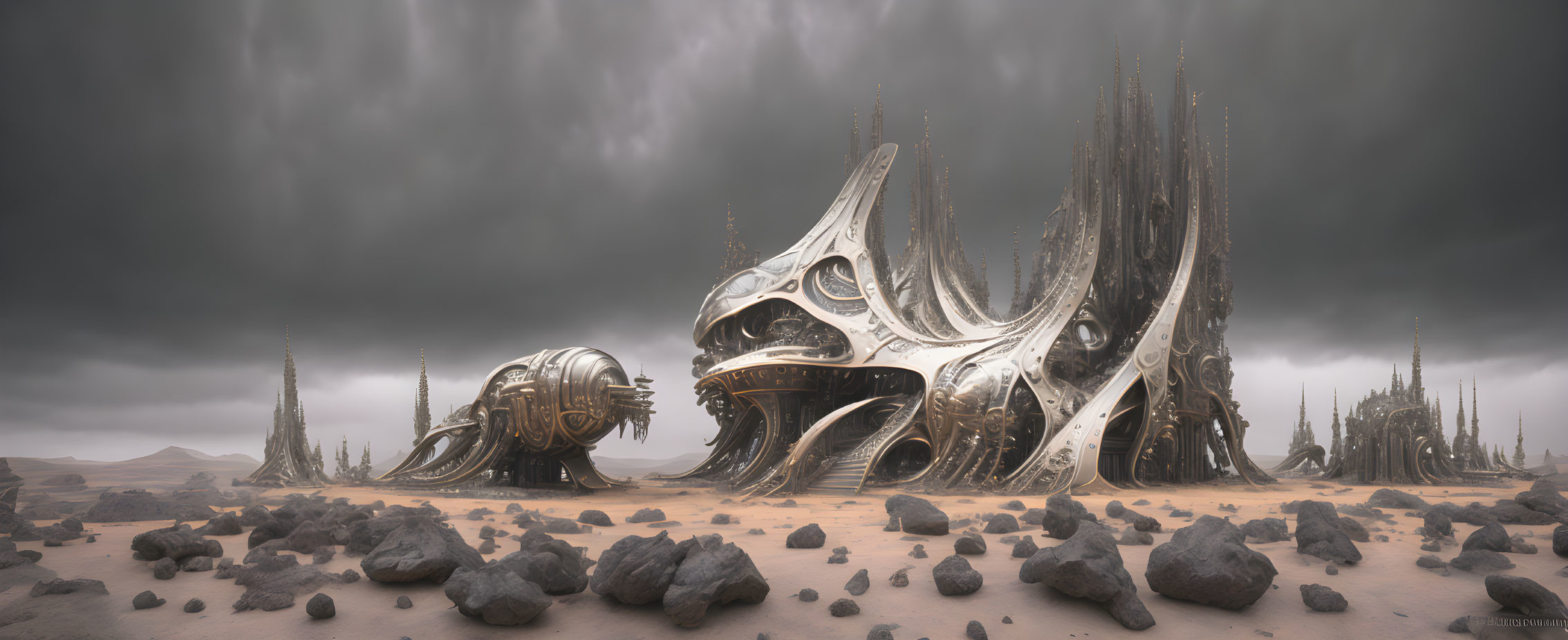 Desolate landscape with futuristic structures and stormy skies