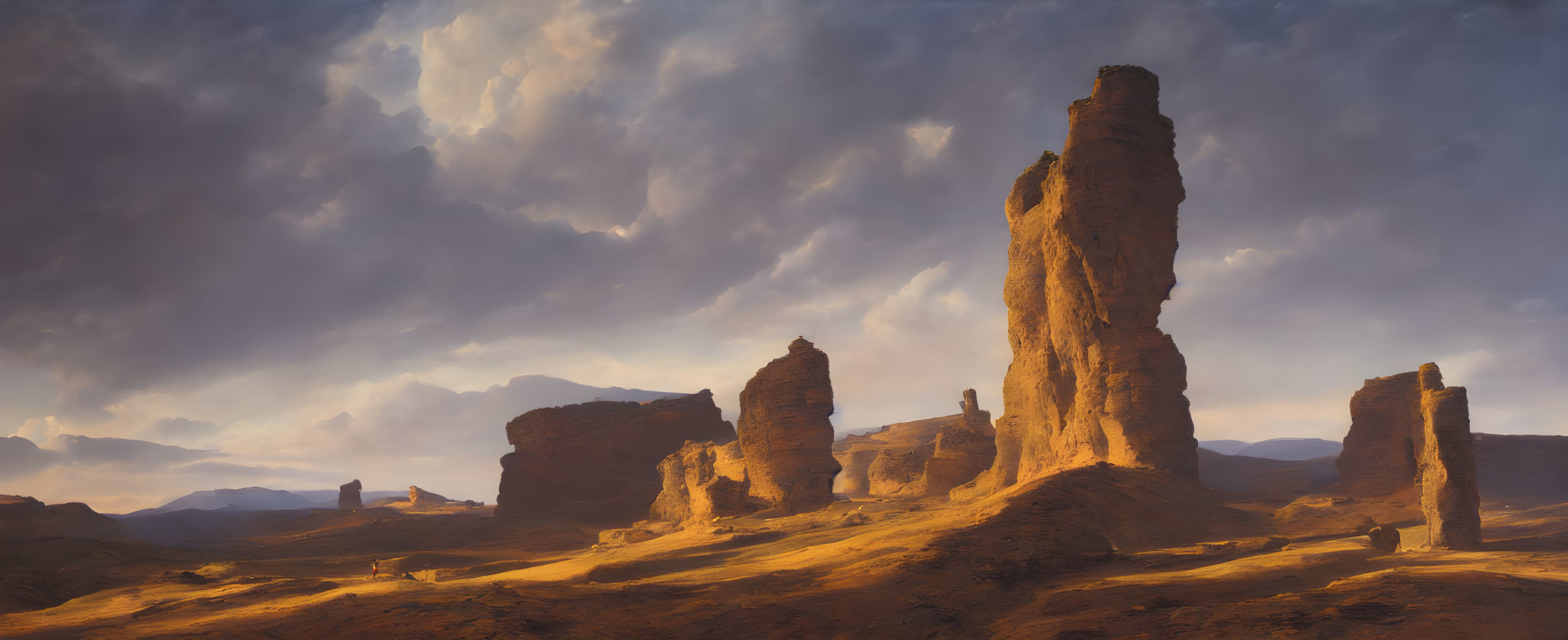 Dramatic desert landscape with towering sandstone rocks under soft sunlight