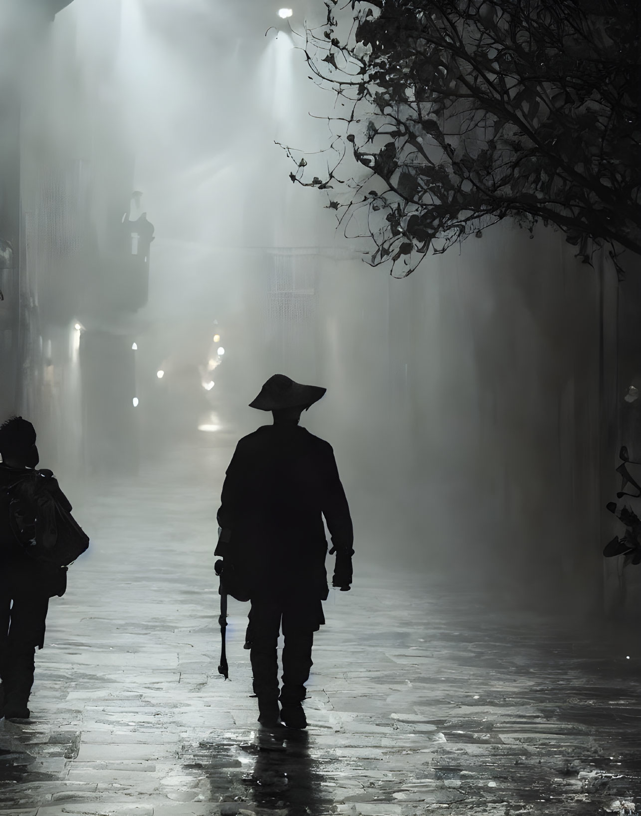 Silhouetted figure in hat walking on misty, lamplit street