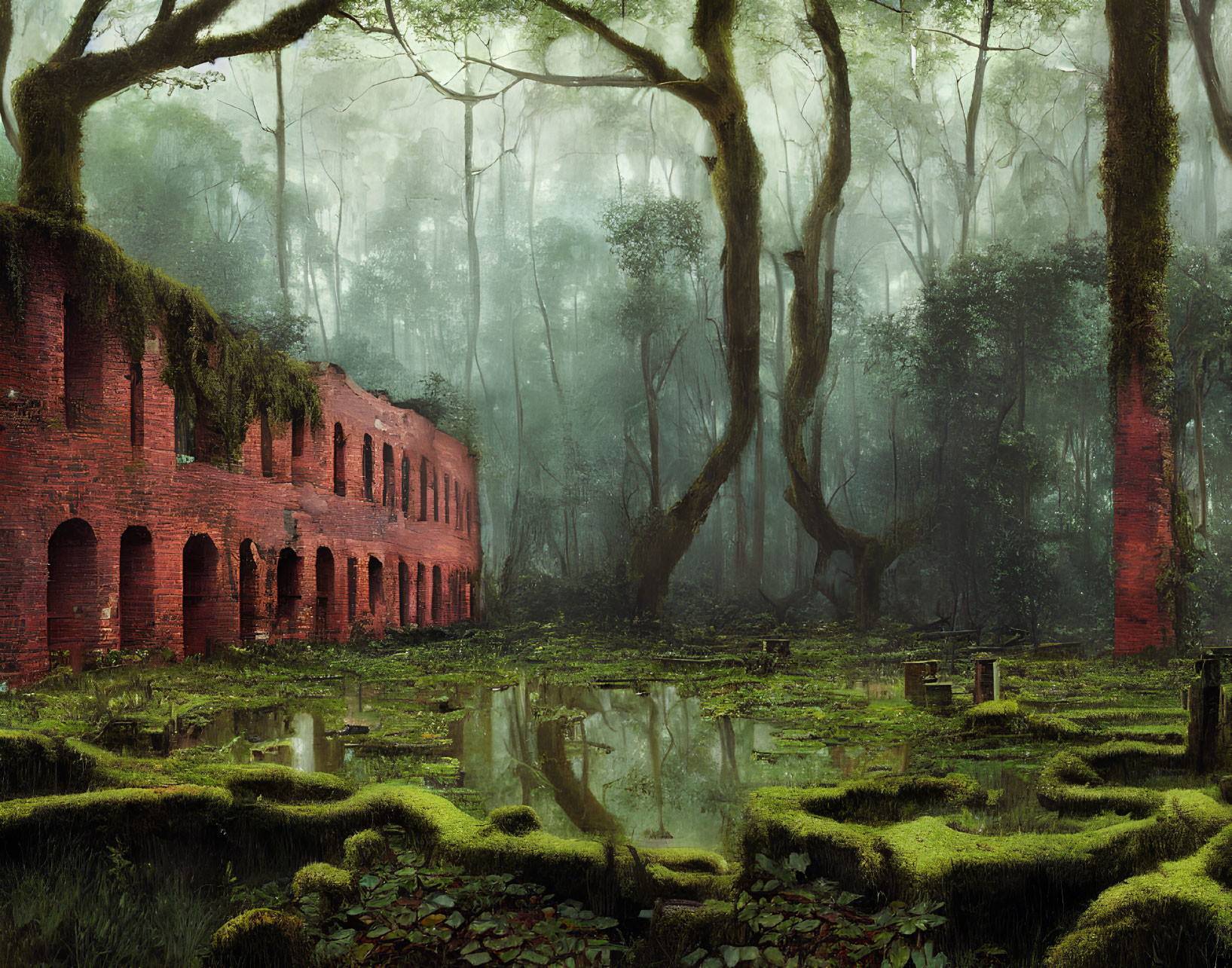 Moss-Covered Brick Building in Misty Forest with Pond