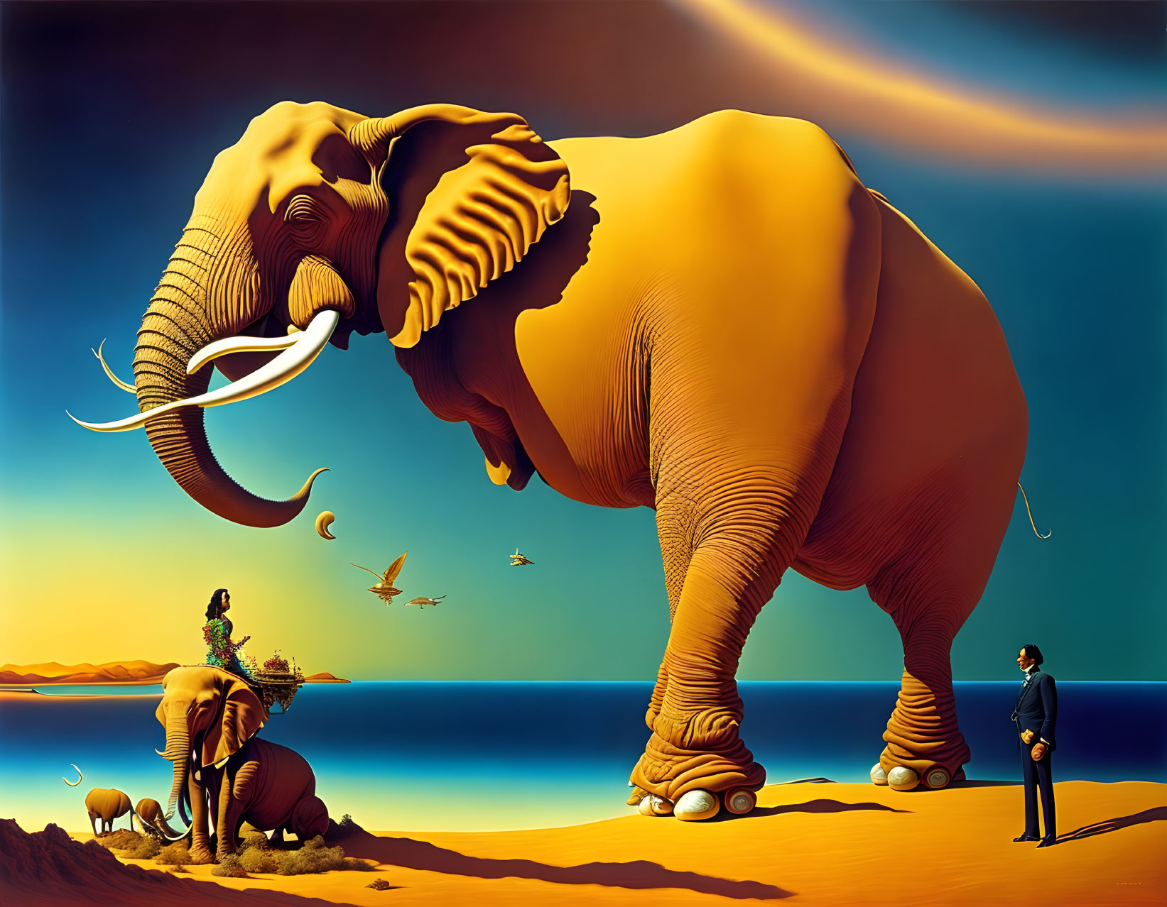 Surrealist oversized elephant with spindly legs in desert landscape