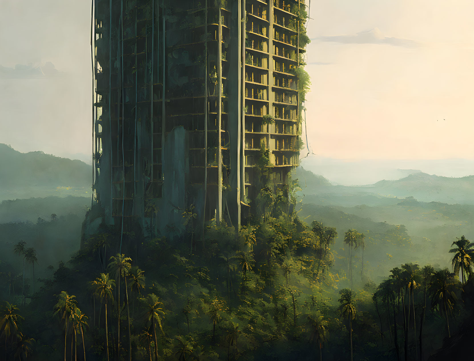 Overgrown skyscraper in lush jungle setting