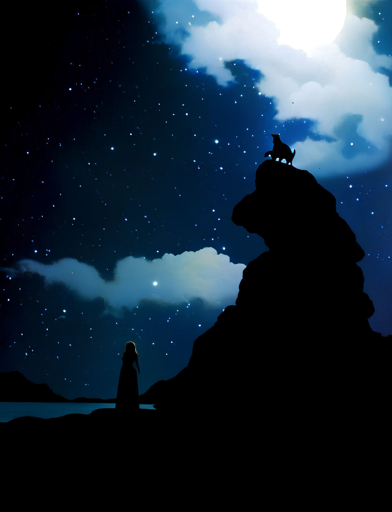 Silhouette of person by lake gazing at rock formation with goat under starry night sky