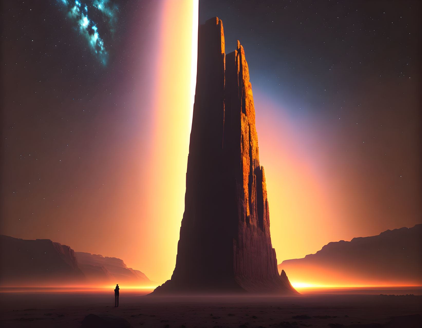 Figure standing before towering monolith emitting bright light against dusky sky with galaxy.