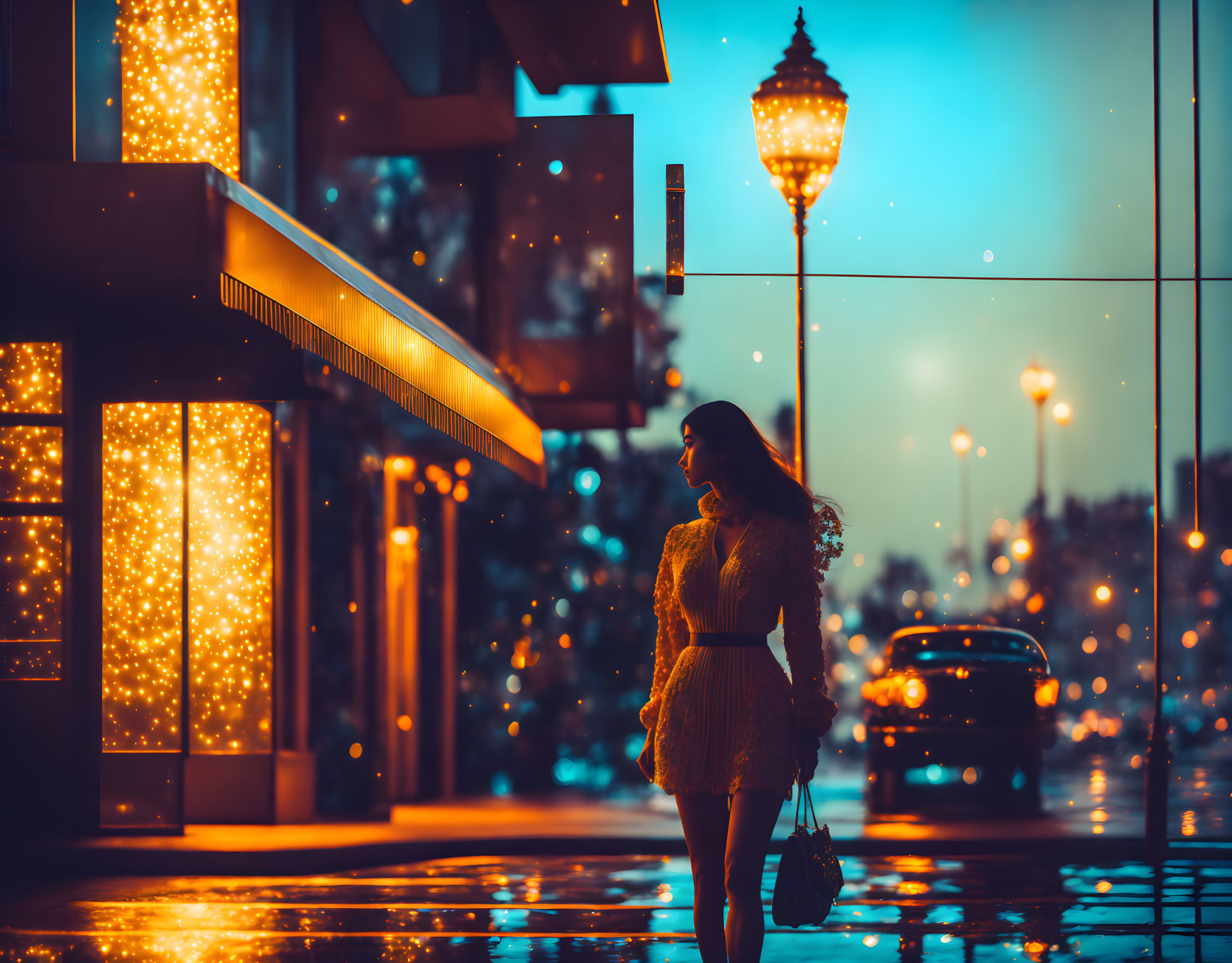 Woman walking in rainy evening under street lamps and storefronts' warm glow