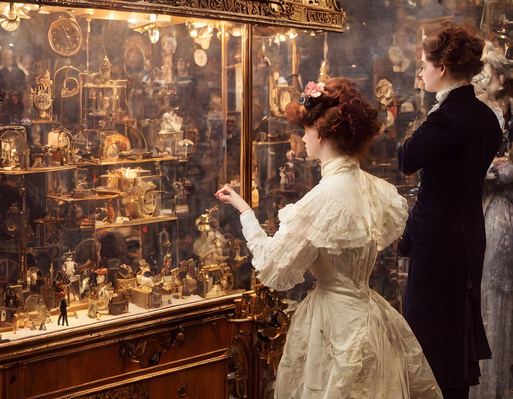 Vintage Attired Women Exploring Antique Shop with Clocks