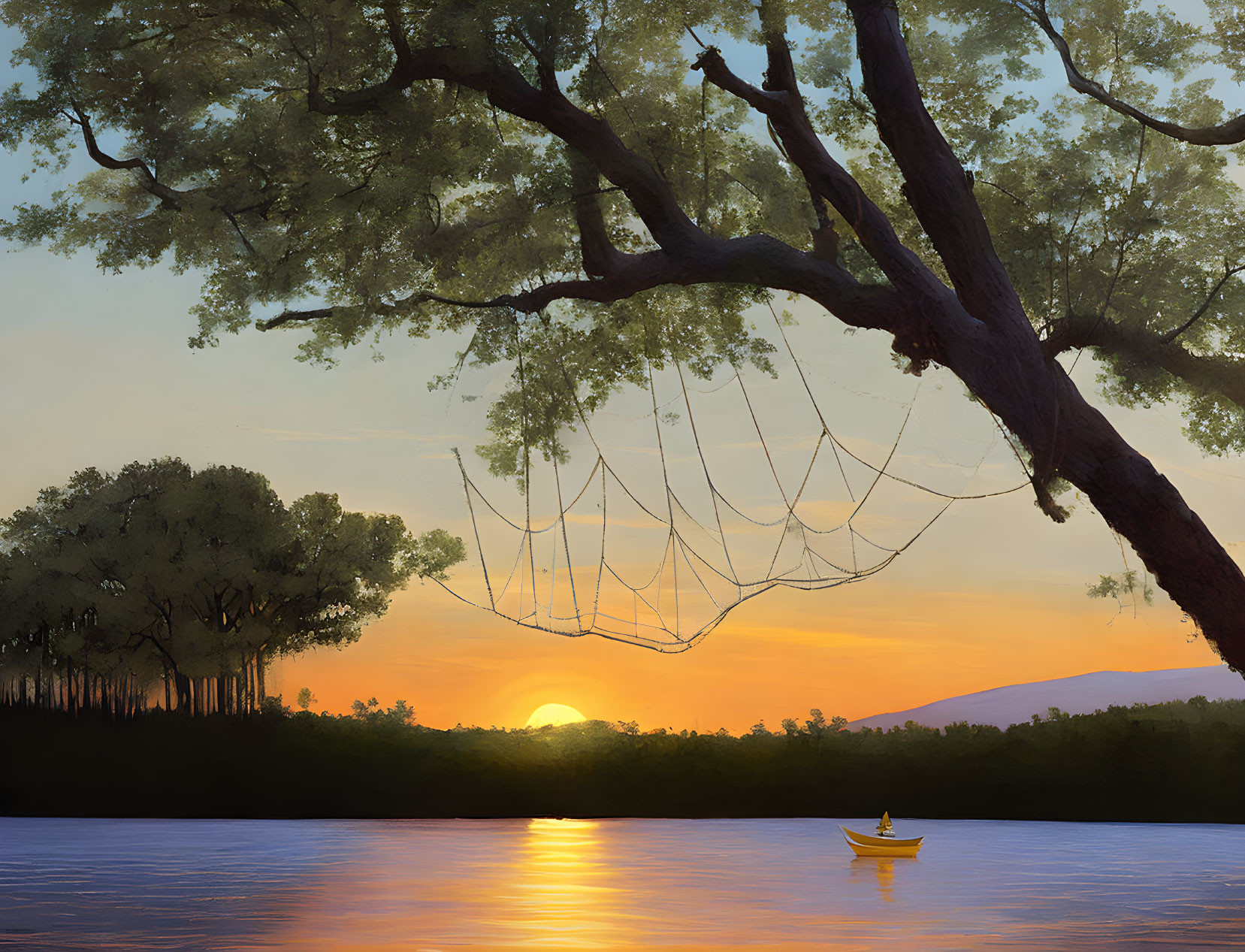 Tranquil river sunset with person in yellow boat and hammock tree