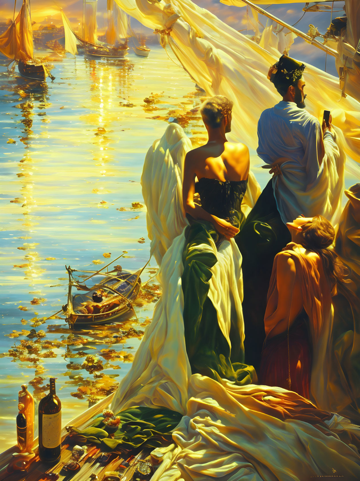 Colorful painting of angelic figures on golden waterway with boat and drapery.