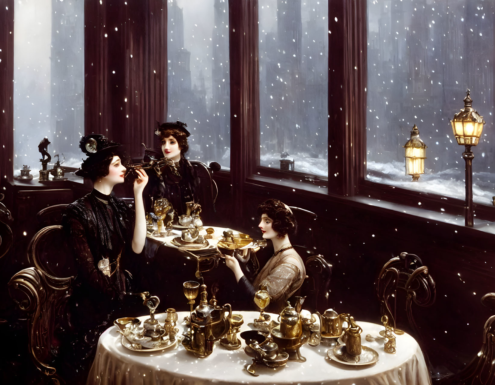 Vintage Attired Women Enjoying Tea at Elegant Table with Snowy Scene