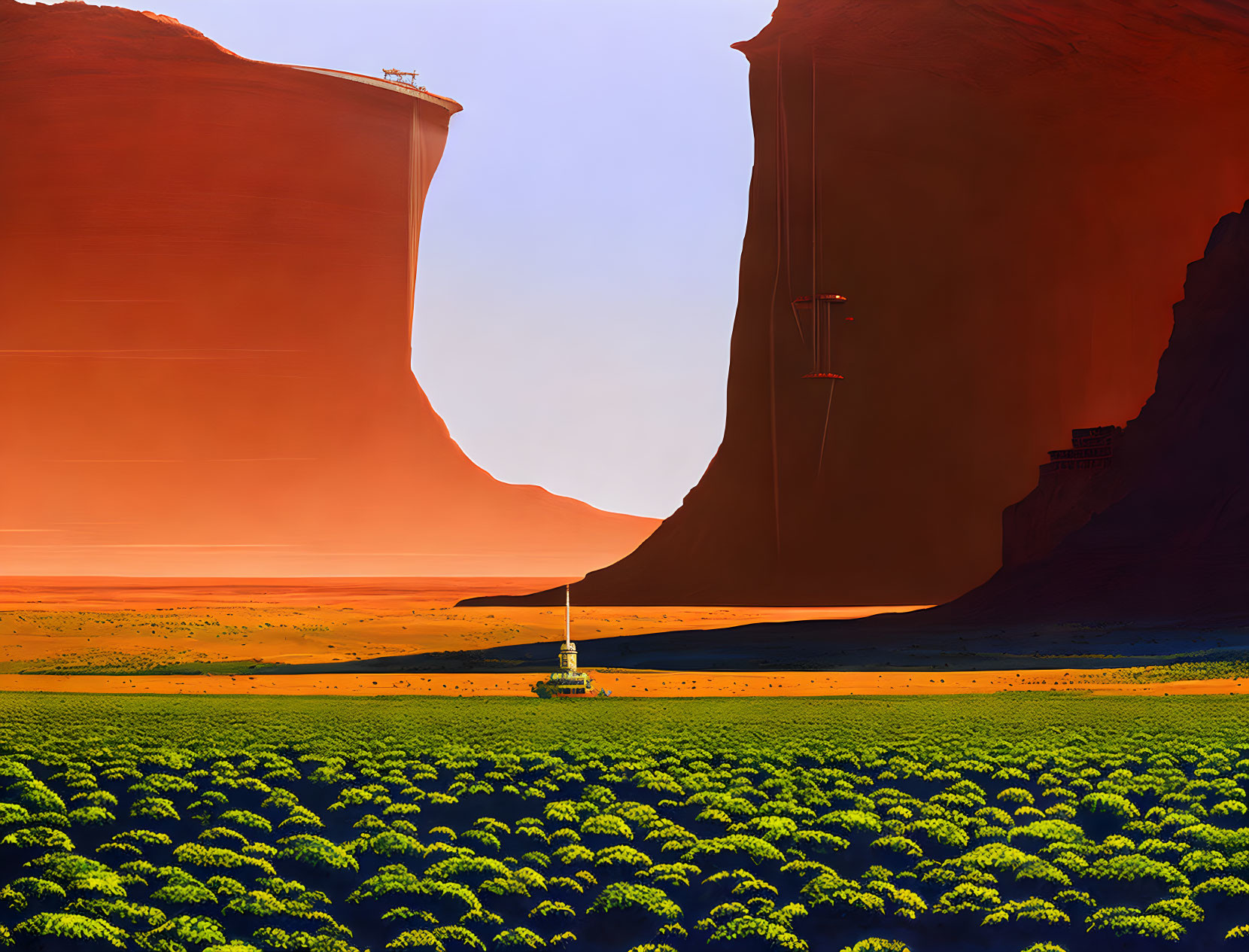 Futuristic landscape with greenery, rover, red cliffs, hovering structure, orange sky