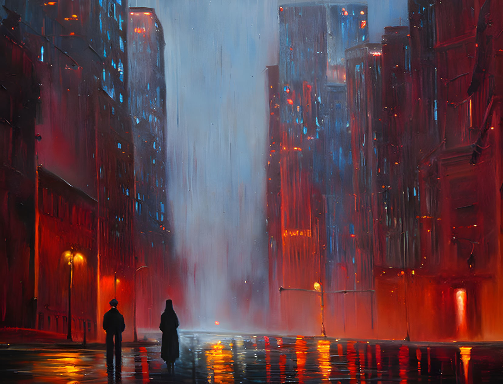 Nighttime cityscape with silhouetted figures in rain under streetlights.