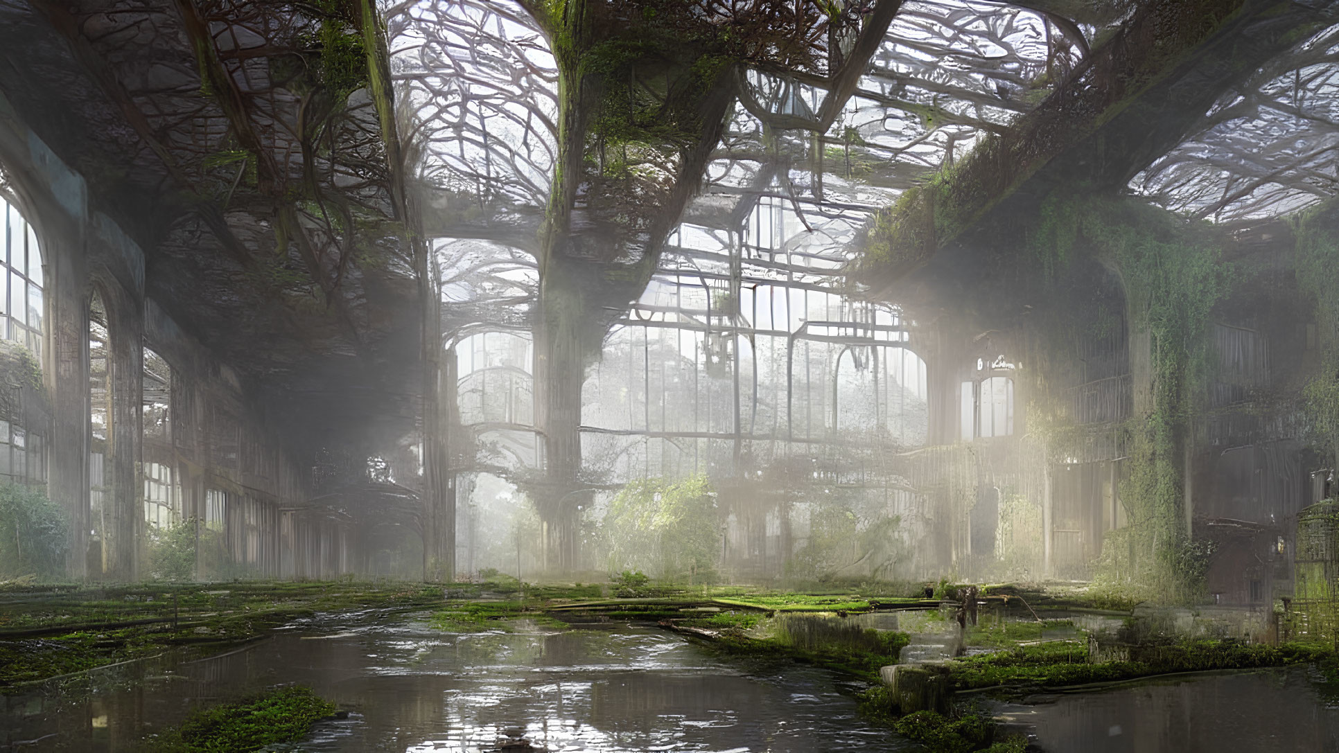 Overgrown abandoned greenhouse with sunlight filtering through glass ceiling