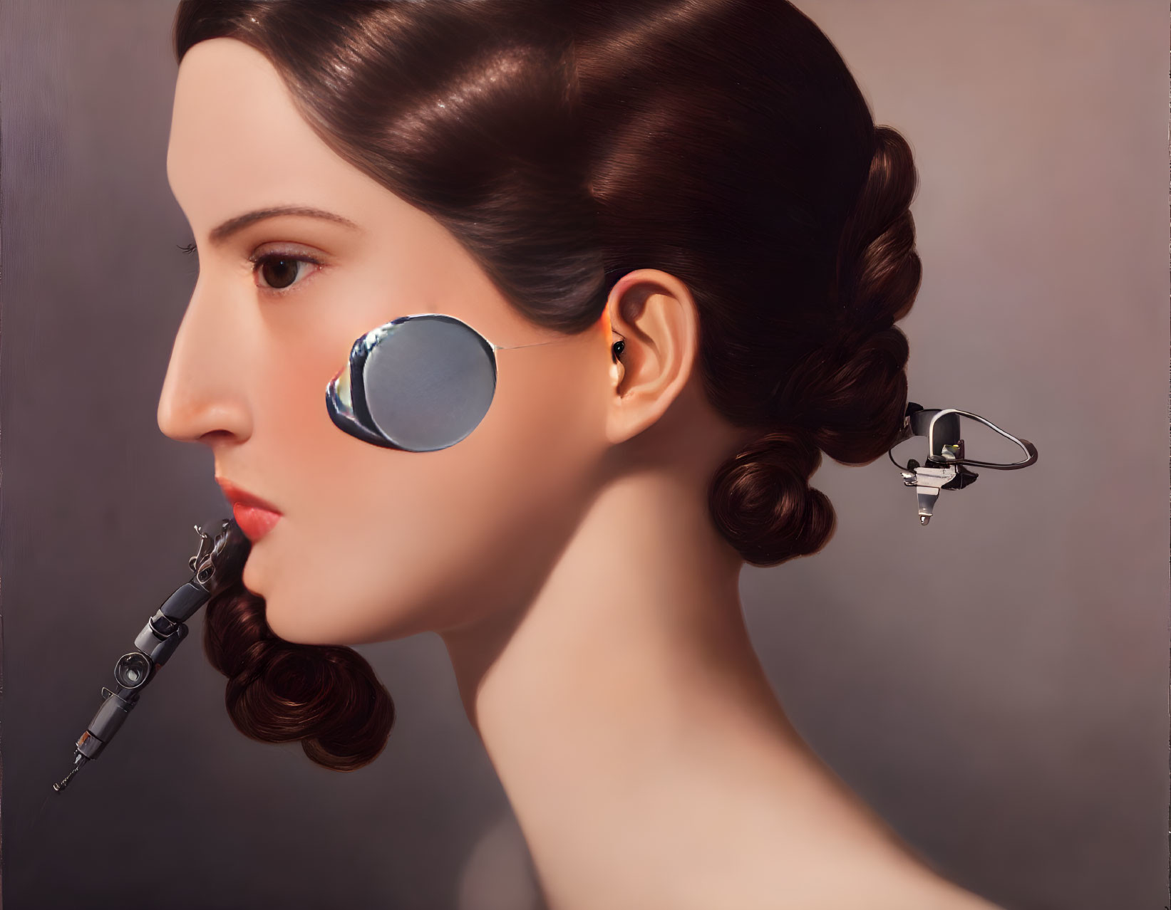 Surreal portrait of woman with mechanical ear and mouth