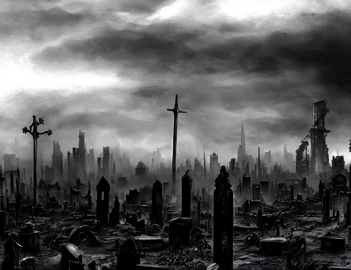 Monochrome artwork of desolate graveyard with tombstones and crosses, against stormy sky