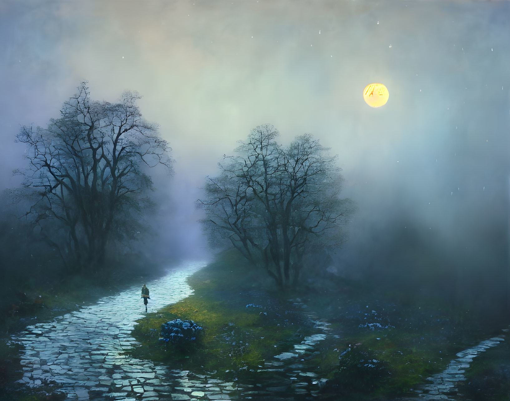 Solitary figure on cobblestone path in misty moonlit landscape