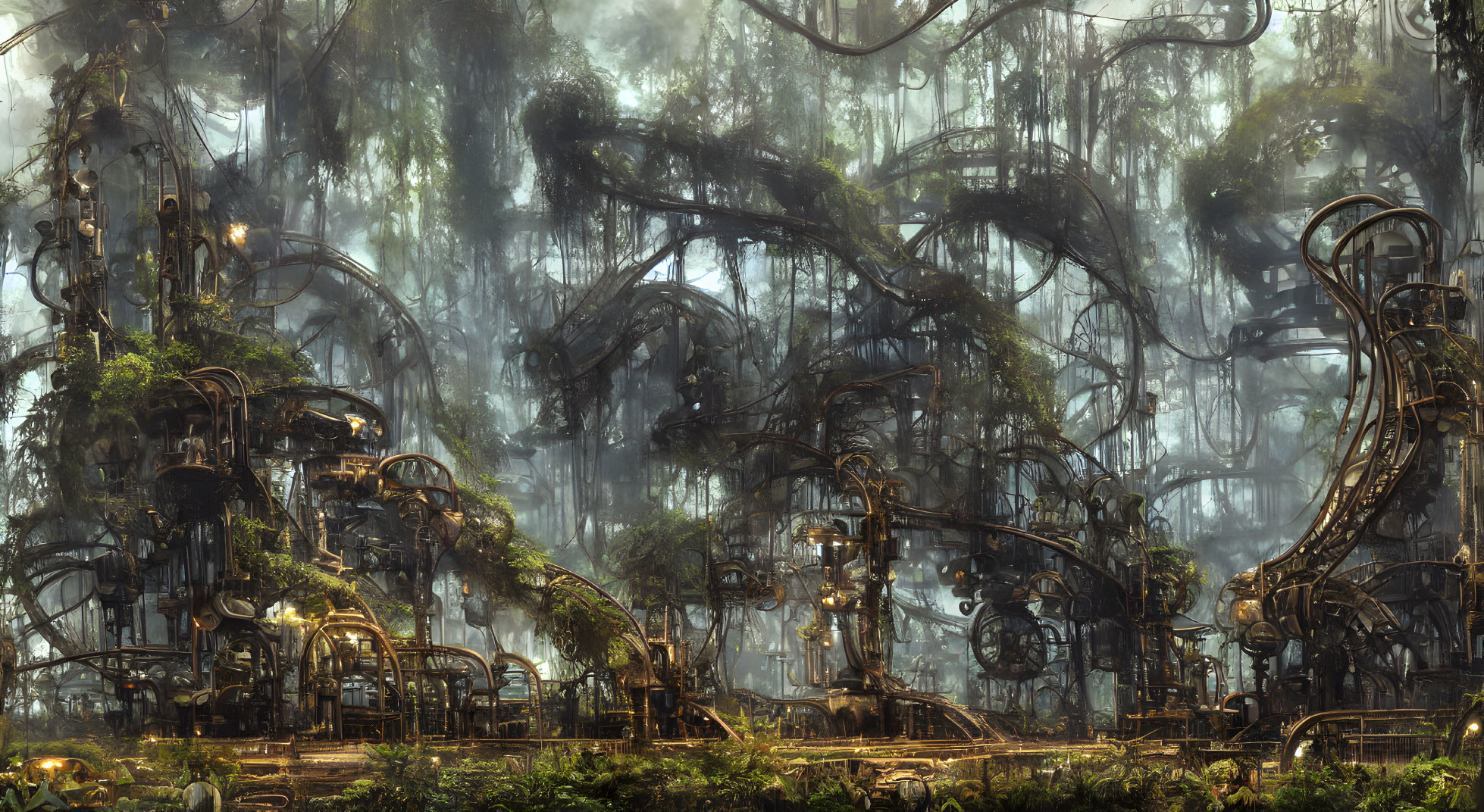 Forest scene with steampunk structures and overgrown trees