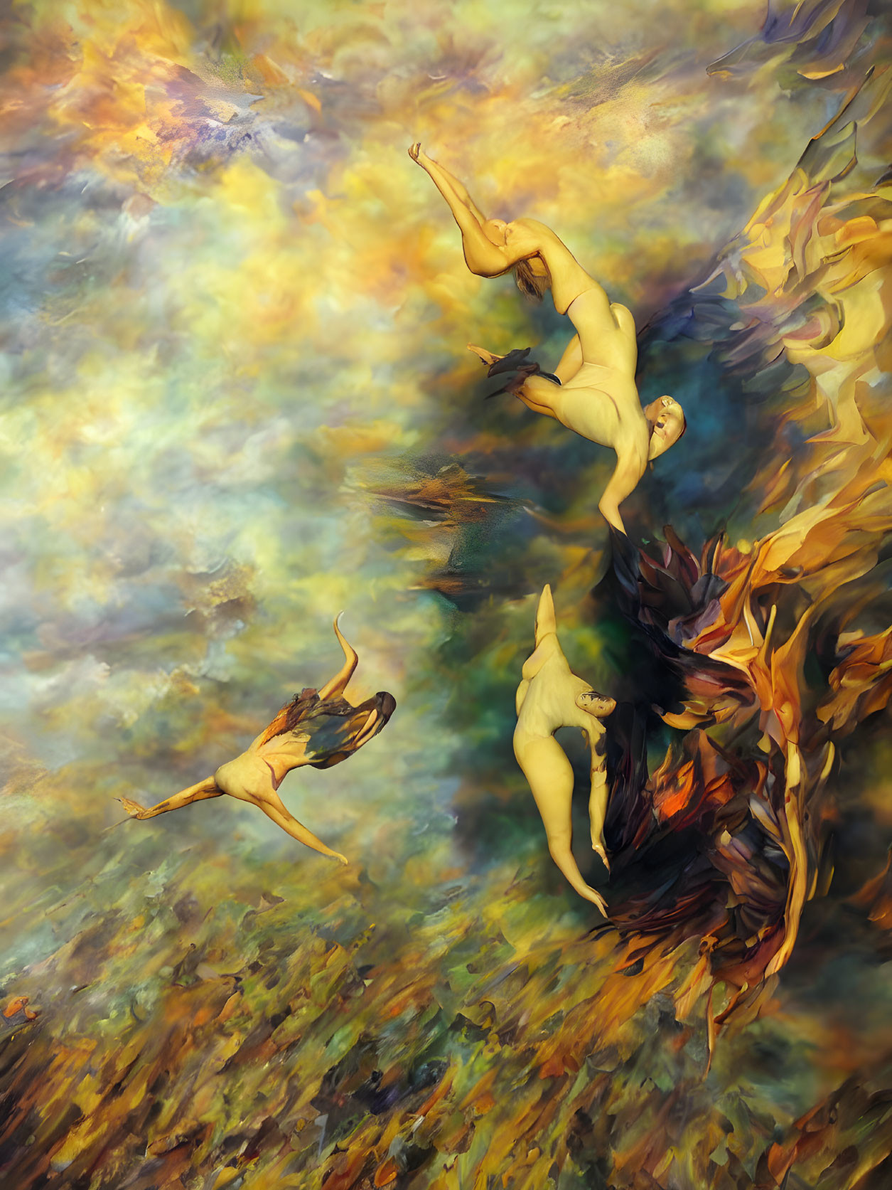 Ethereal painting of three figures in vibrant swirling hues