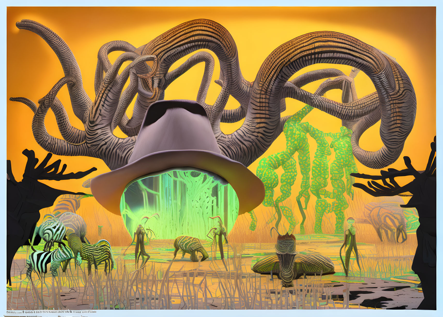 Surreal landscape featuring giant ram horns, hat, zebras, humanoid figures, and melting trees