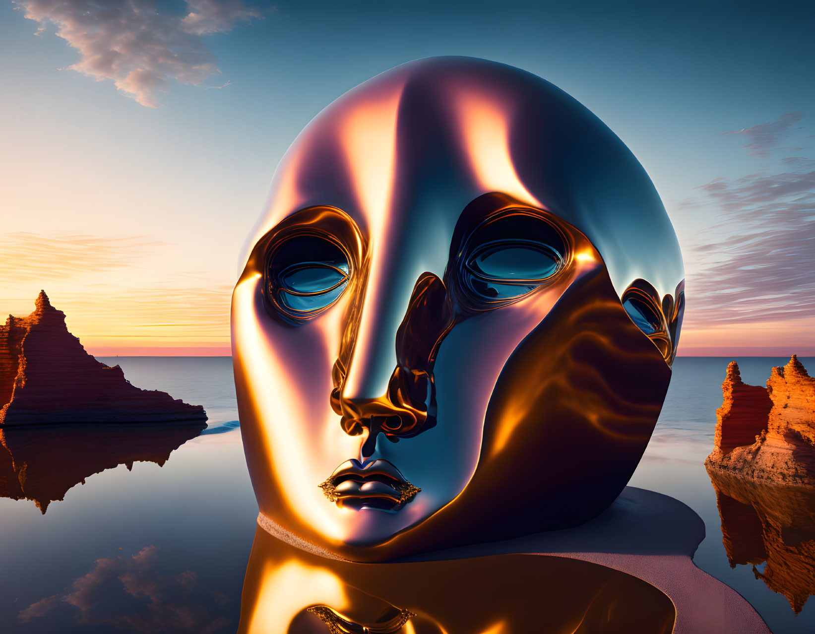 Metallic Human Face Sculpture Reflecting Sunset Seascape