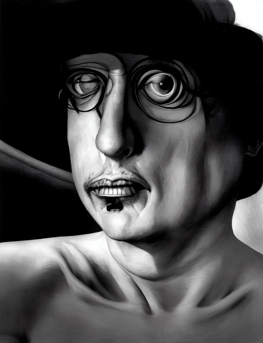 Monochrome artwork of man with round glasses and cigarette