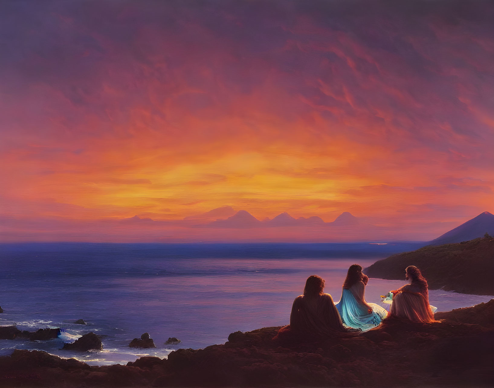 Three People Enjoying Vibrant Sunset by the Sea