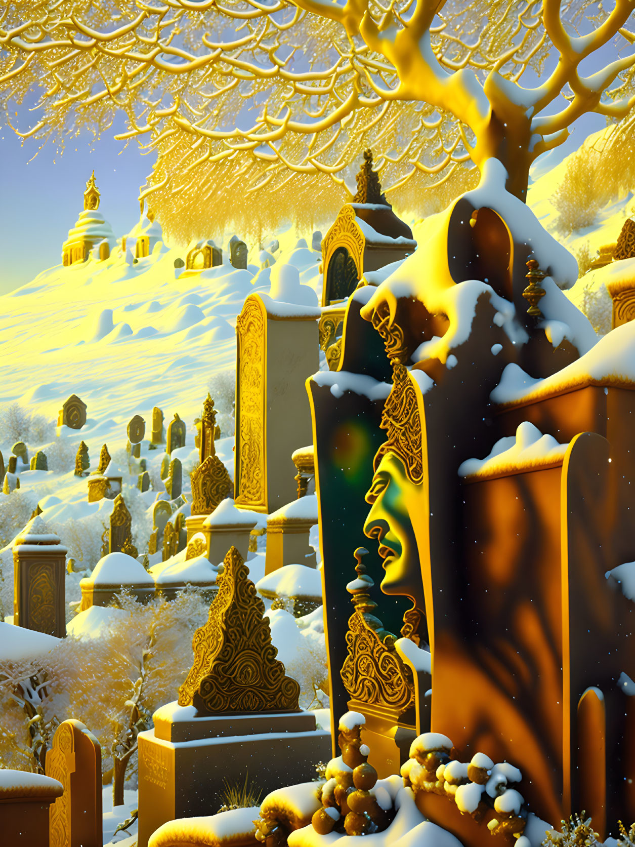 Golden trees, statues, and temple in mystical winter landscape