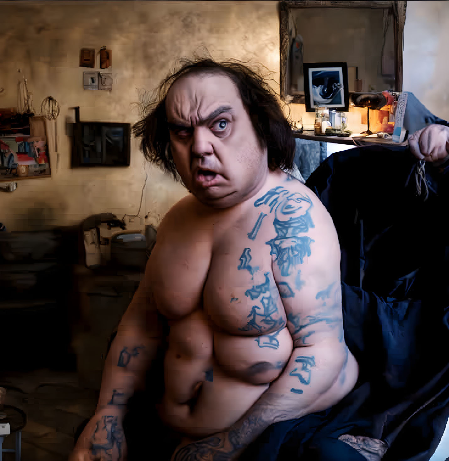 Tattooed person with grimacing expression in room with pictures