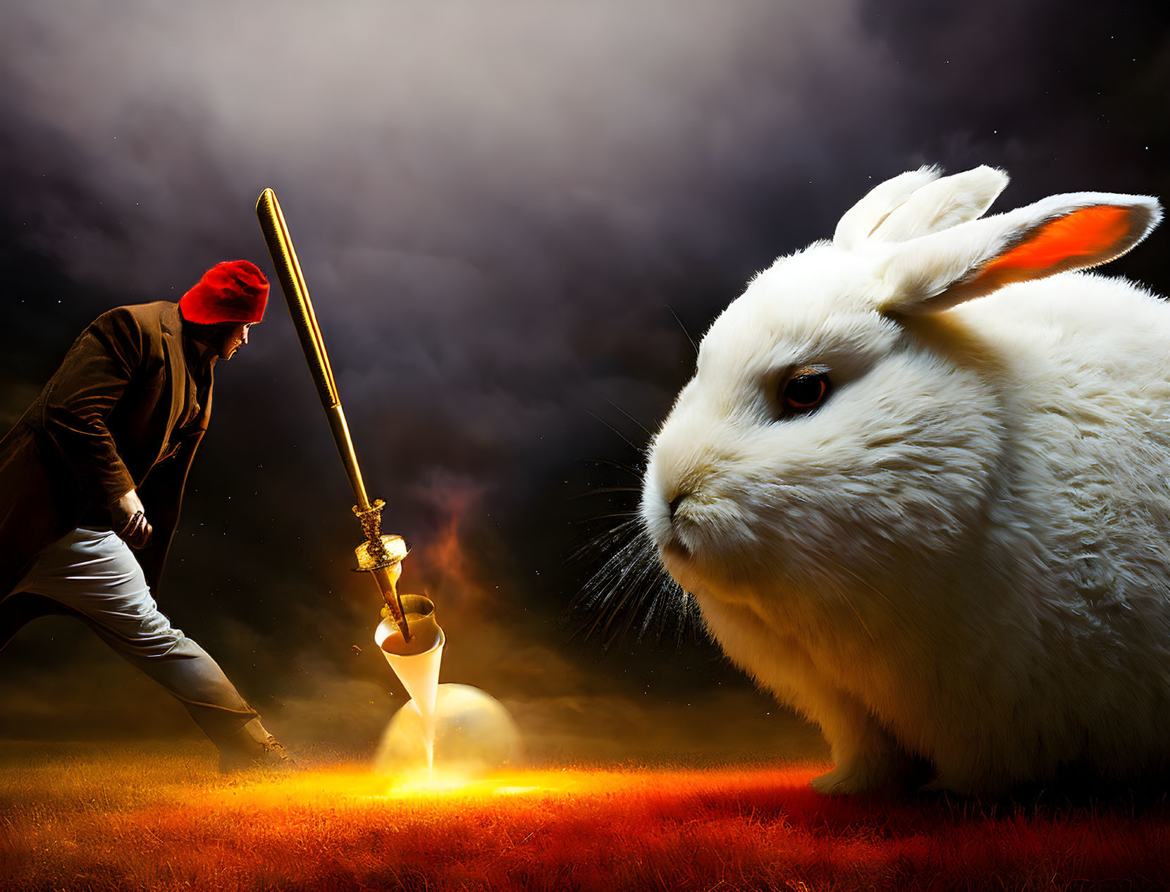 Person in Red Beanie With Sword and Giant Rabbit Under Dramatic Sky