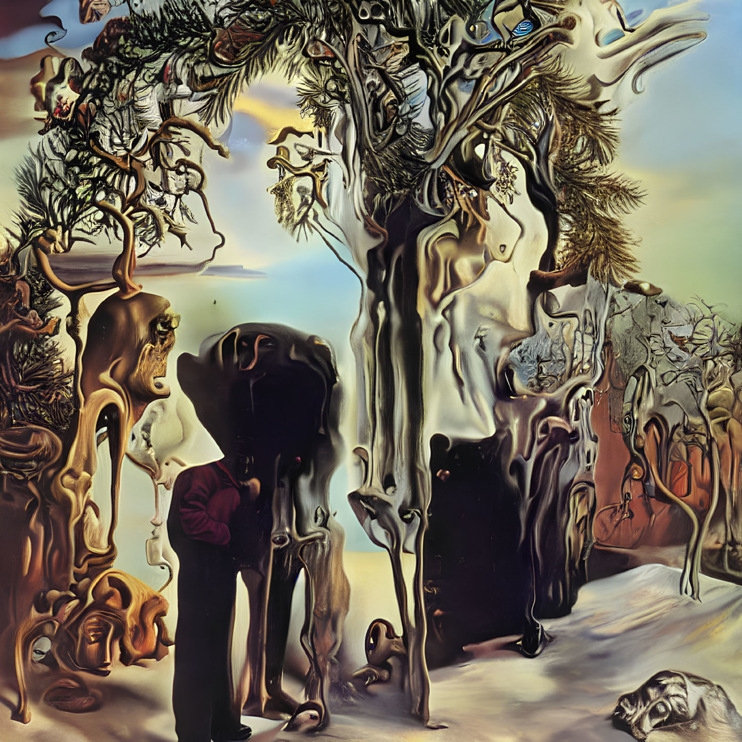 Surreal painting with distorted figures, melting tree, and person in red jacket