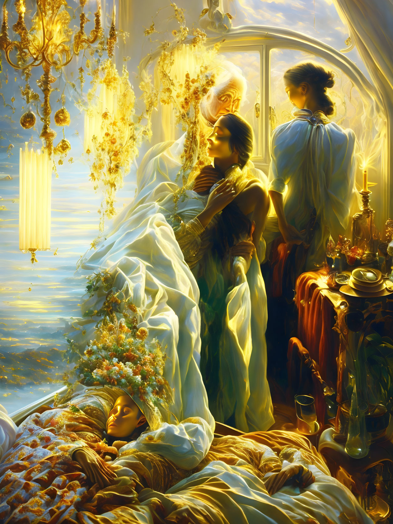 Ethereal artwork of three figures in golden-lit room