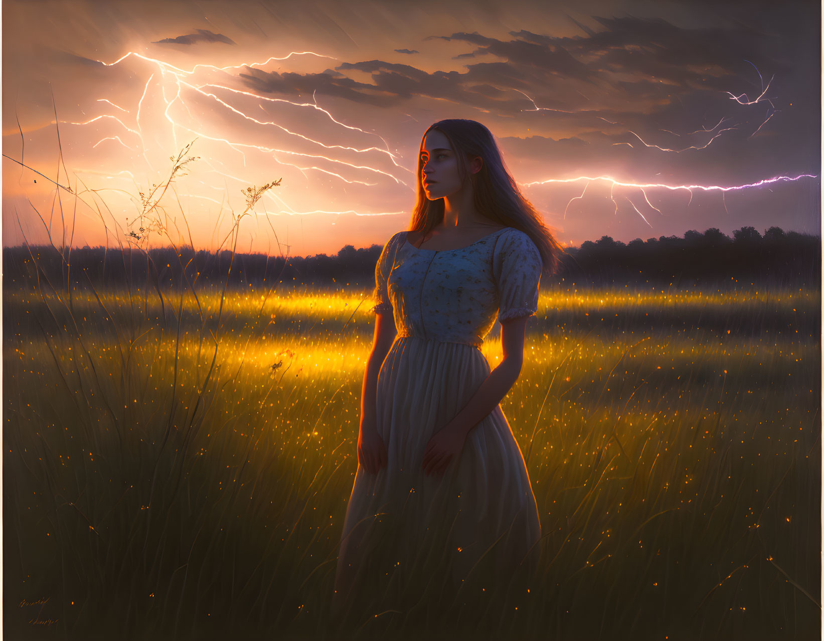 Woman in white dress in glowing field under twilight sky with lightning.