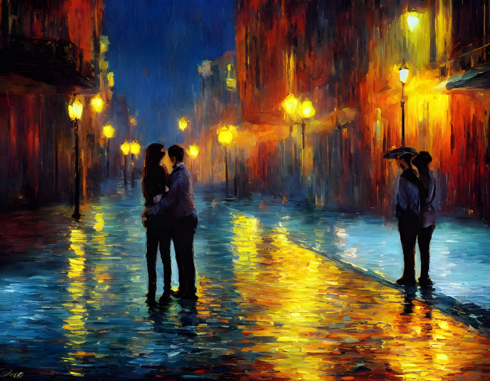 Impressionist painting of two couples on rainy night street