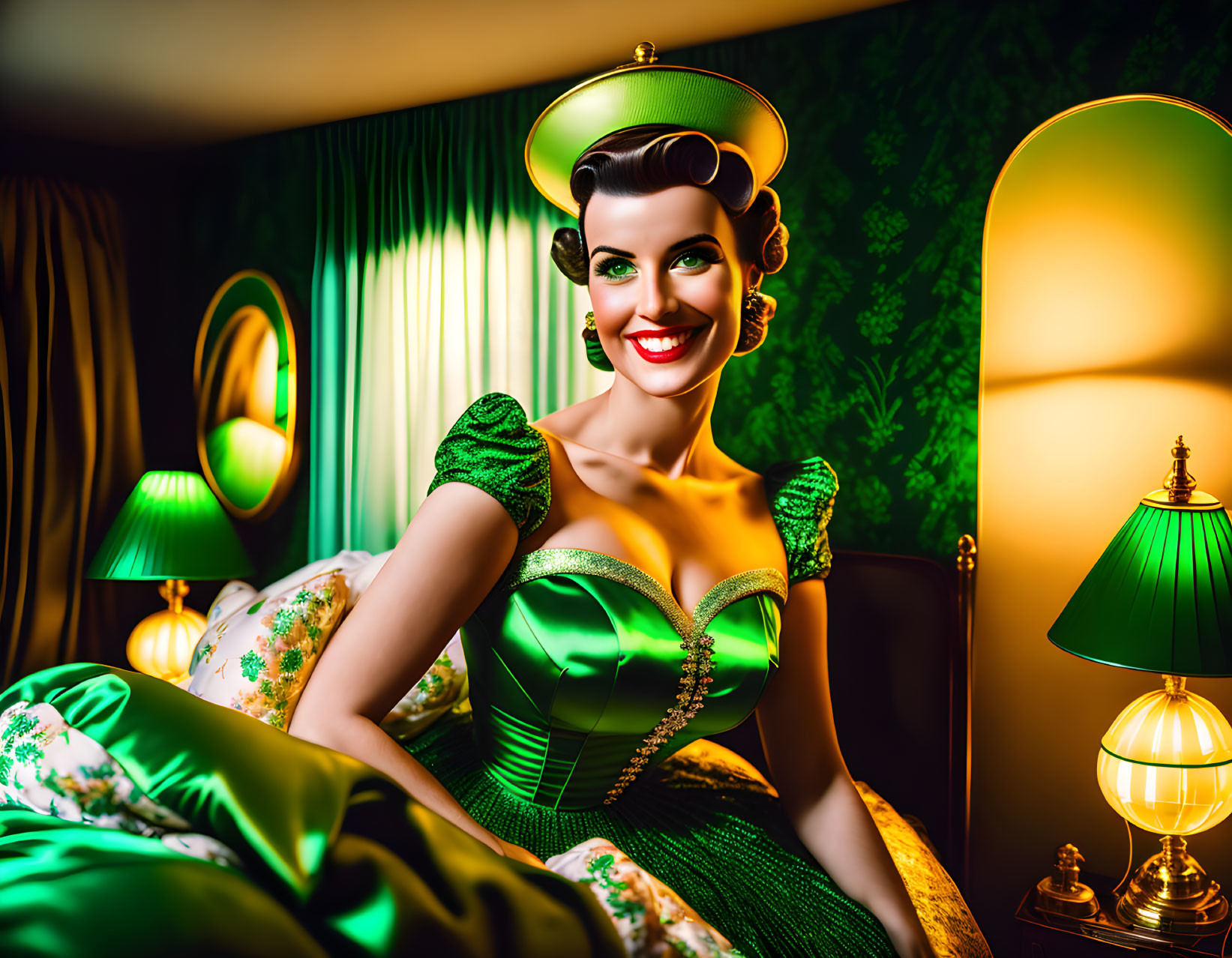 Retro-styled illustration of smiling woman in green dress on vintage bed