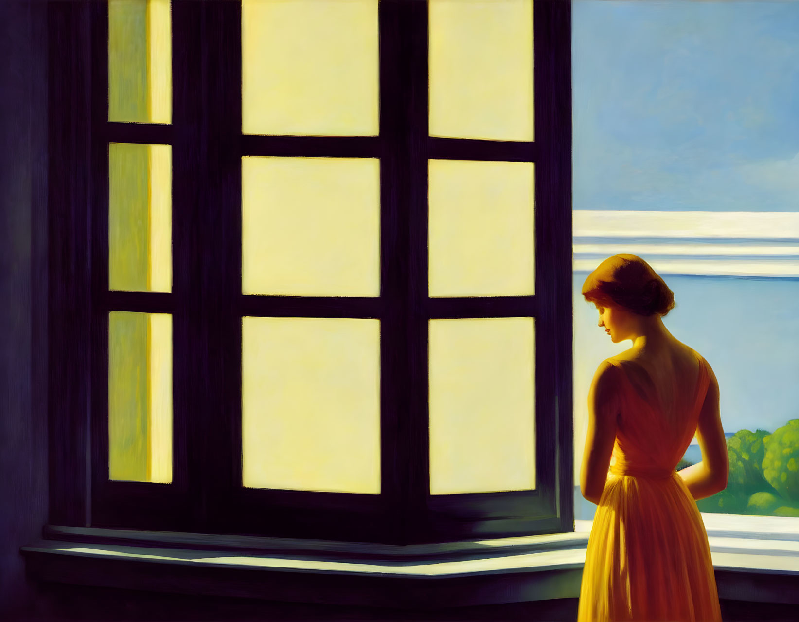 Woman in orange dress by open window under blue sky with sunlight.