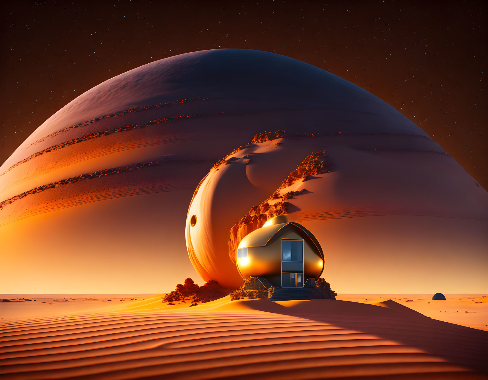 Futuristic house in desert landscape with towering sand dunes and giant Saturn-like planet