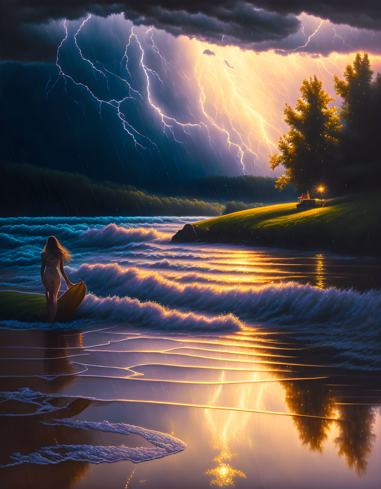 Surfer with surfboard on stormy beach with lightning-filled sky