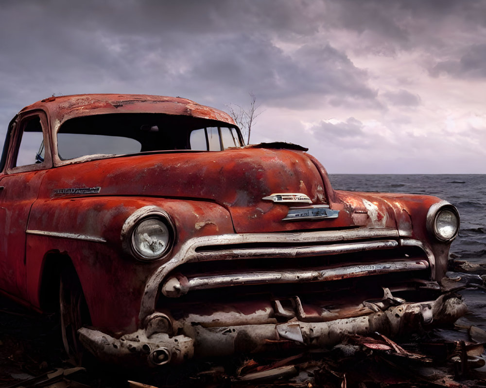 Rusty Chevrolet pickup truck by stormy sea with faded red paint