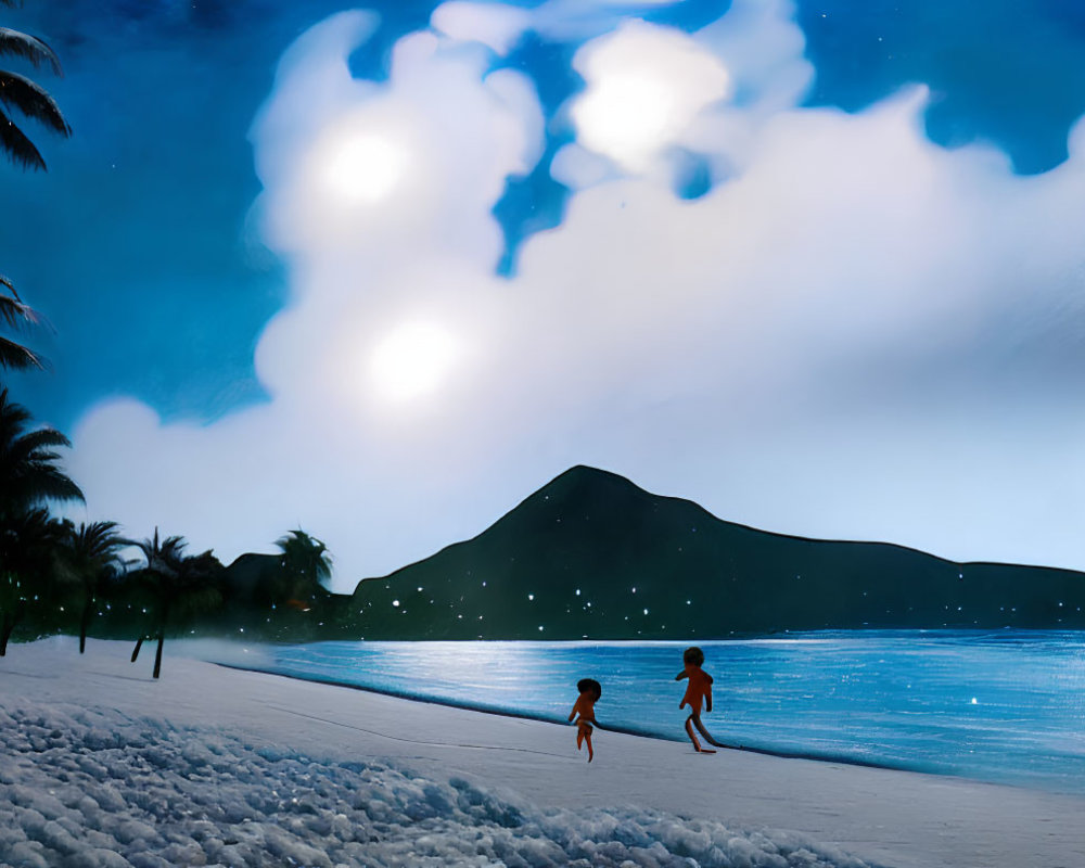 Nighttime Beach Scene with Bioluminescent Waves, Palm Trees, and Moon