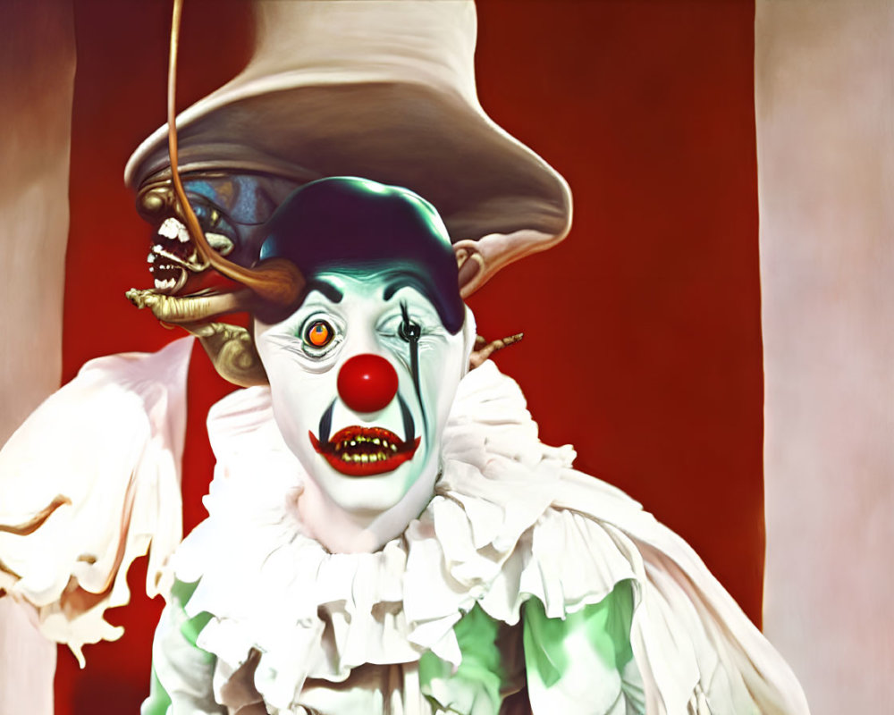 Menacing clown with green face paint, red nose, sharp teeth, and ruffled collar.