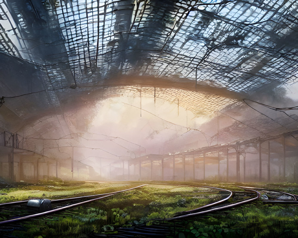 Overgrown abandoned railway station with dilapidated glass roof and distant tracks.