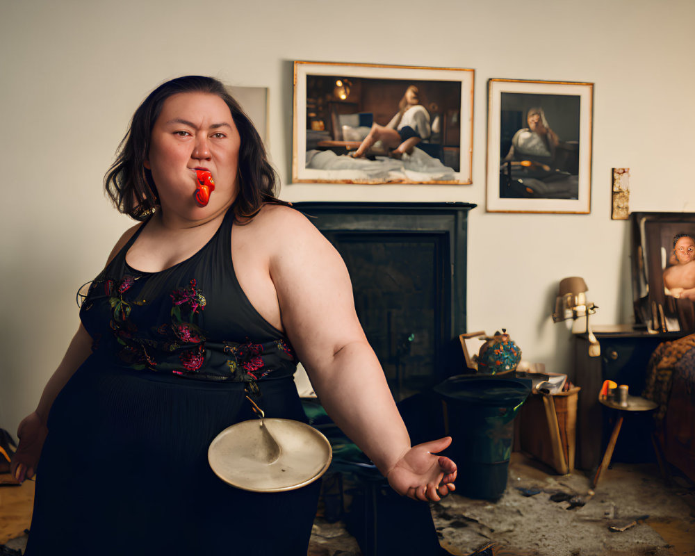 Woman in vintage room with framed paintings holding cymbal and blood capsule