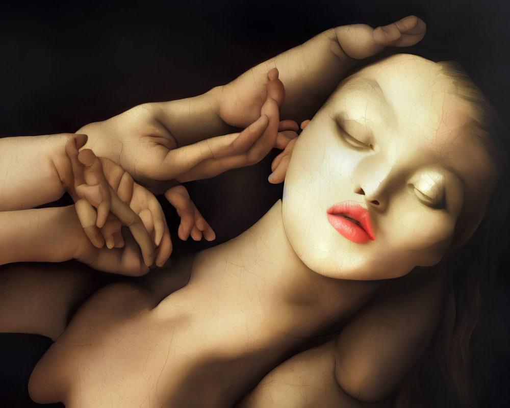 Surreal painting of woman with closed eyes and red lips touched by disembodied hands