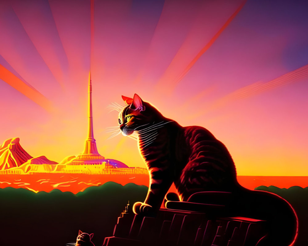 Stylized cat on ledge with retro-futuristic city skyline at sunset